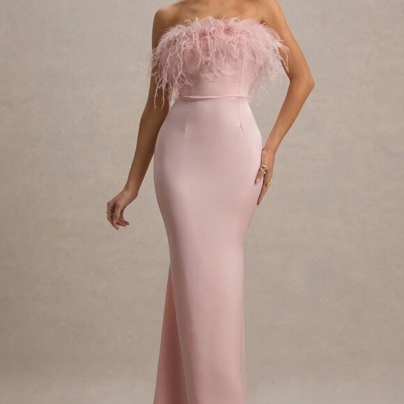 Club London Pale Pink Satin Feather Trim Bandeau Maxi Dress - Picture 4 of 6